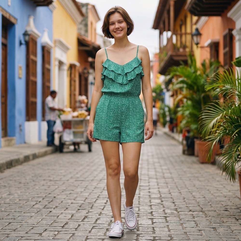 Jacob CHIC Romper Women X-Small Green Ruffle V-Neck Sleeveless Geometric Print